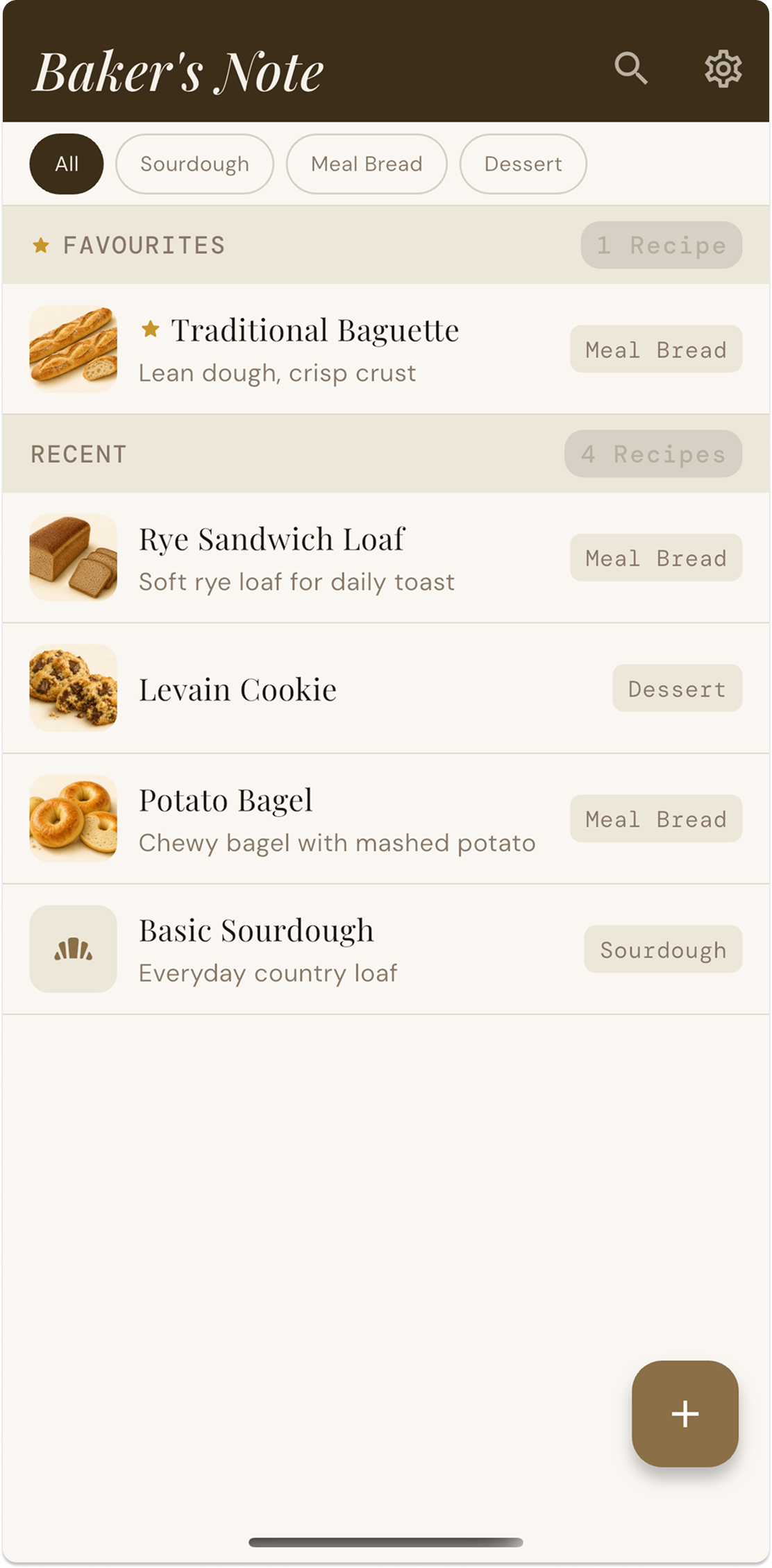 Baker's Note app main screen