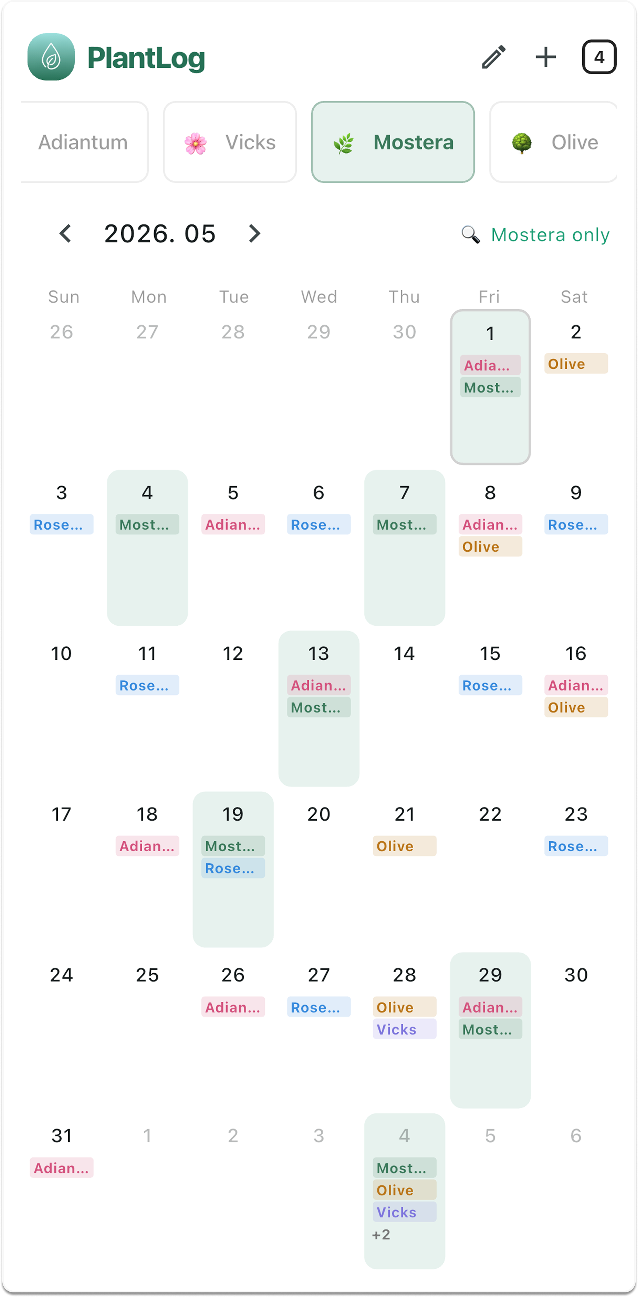 PlantLog app main screen
